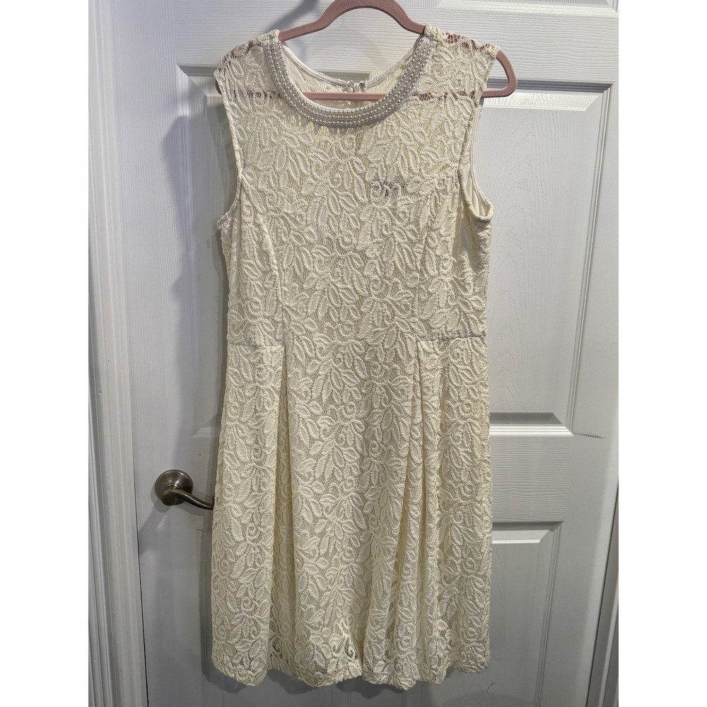 Sandra Darren‎ Womens Cream Lace Pearl Neck Fit and Flare Dress Size 16
